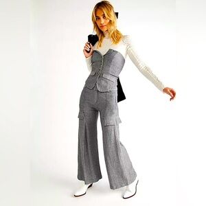 FREE PEOPLE New Waves Tailored Flares Trousers Wide Leg Grey Cargo Pants